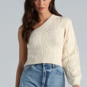 Windsor One-Shoulder Cable Knit Sweater - Cream